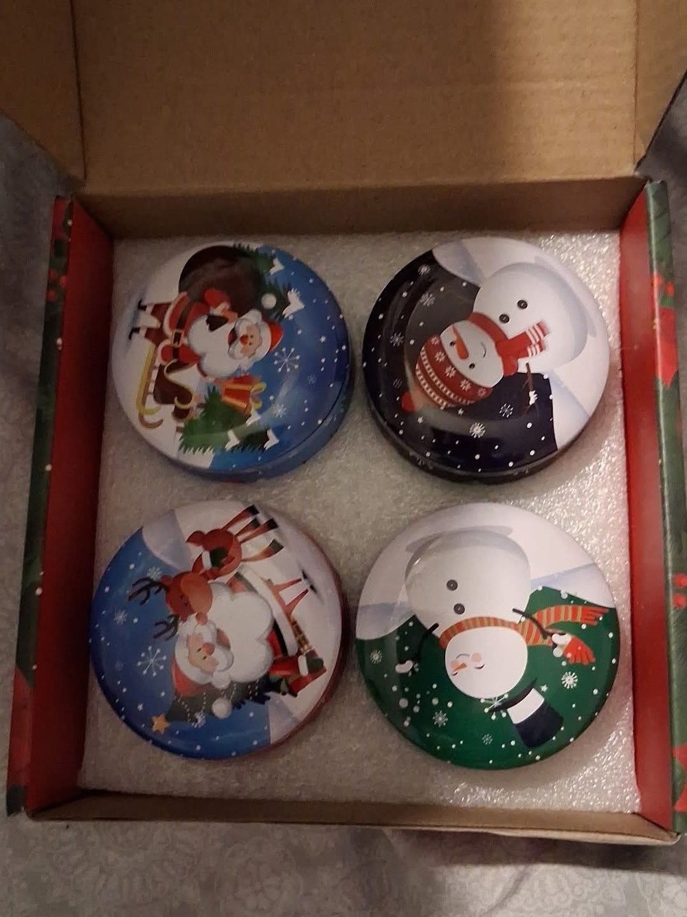 Holiday Snowman and Santa Festive Tin Set - White, Blue, Green, Black